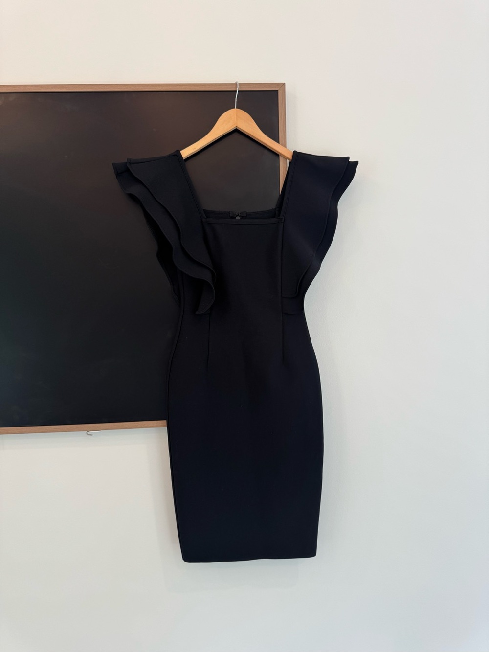 Sleeveless Black Ruffle-Shoulder Sheath Dress